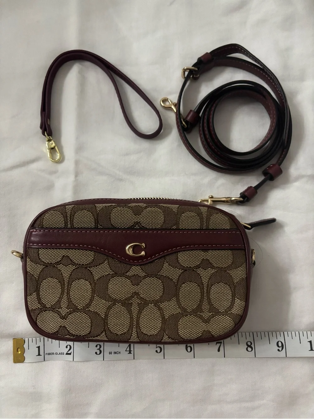 Coach Mini Crossbody in Brown Canvas with Burgundy Trim